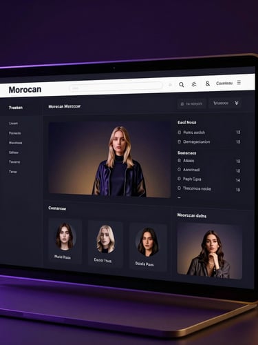 Sleek dark-mode digital render of a premium Moroccan e-commerce dashboard, dramatic purple and gold neon studio lighting, high-contrast obsidian tones, razor-sharp focus