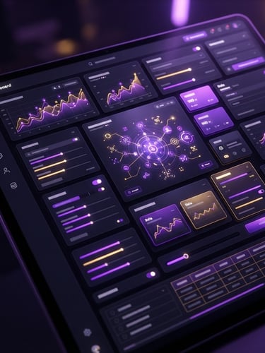 Sleek dark-mode digital render of a responsive web interface, dramatic purple and gold neon studio lighting, high-contrast obsidian tones, razor-sharp macro focus