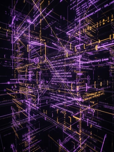 Sleek dark-mode digital render of glowing code structures, dramatic purple and gold neon studio lighting, high-contrast obsidian tones, razor-sharp focus