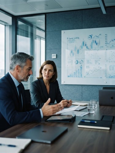 Medium close-up of a modern corporate boardroom in cool daylight, financial modeling projections visible on a clean glass board in the background, sharp focus, deep blue and slate tones, 35mm