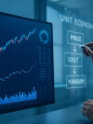Close-up of a financial model with complex graphs on a high-end monitor, hands sketching unit economics on a glass board in the background, sharp focus, cool professional lighting, deep blue tones