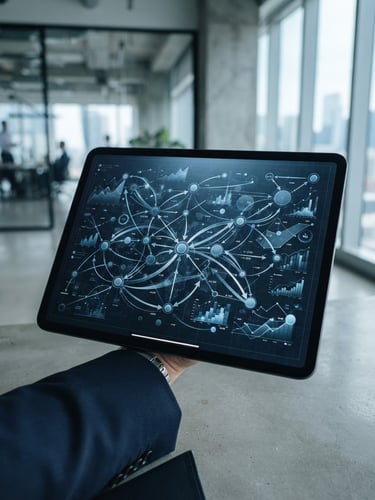 Medium close-up of a financial model on a tablet screen, cool daylight, sharp focus, architectural depth, deep blue tones, 35mm
