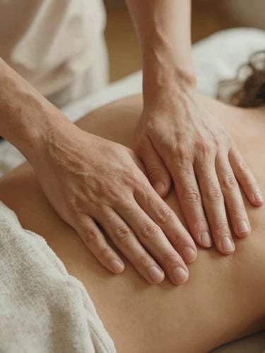 Macro close-up of warm hands performing a precise deep tissue massage on a shoulder, soft-focus organic linen sheets, warm golden-hour shadows, serene film grain.