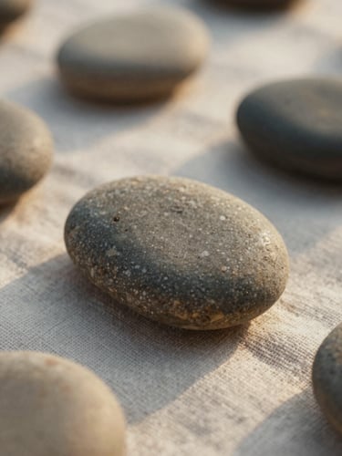 Macro close-up of smooth basalt river stones resting on fine organic linen sheets, soft diffused natural light, warm golden-hour shadows.