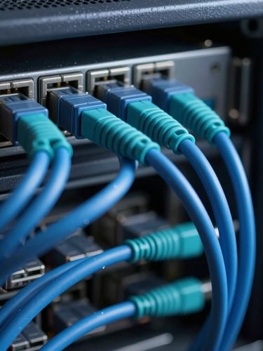 Macro shot of organized blue and teal network cables connected to a server rack, cool-toned lighting, shallow depth of field