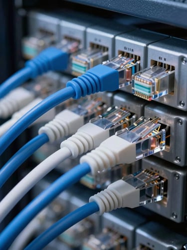 Macro shot of organized blue and white ethernet cables connected into a clean, professional server rack, cool-toned corporate IT lighting.