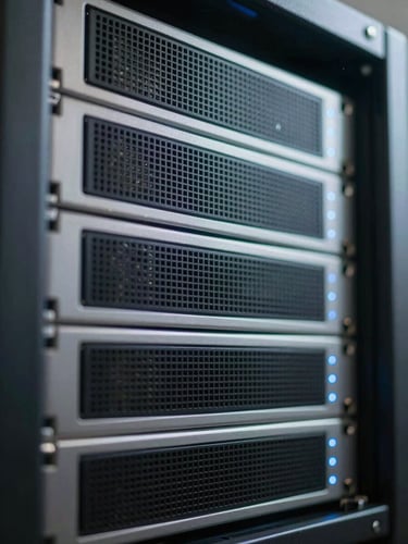 Macro shot of a clean, high-end server rack with subtle blue indicator lights, cool technical lighting, shallow depth of field.