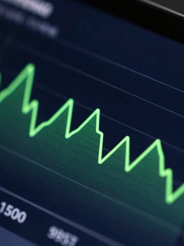 Extreme macro close-up of a high-resolution Android screen displaying a real-time system performance graph with neon green lines and dark slate background, cool studio lighting, 35mm