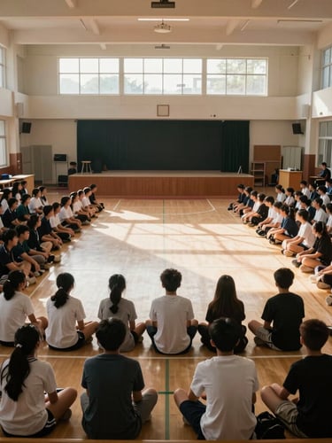Wide-angle environmental shot of a packed school assembly taken from the back of the room, high-contrast daylight streaming through high windows, students sitting on gym floor focused toward a central stage.