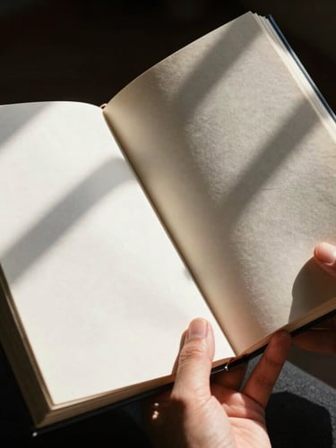 A tight macro shot of hands holding open a physical book under sharp, high-contrast daylight, casting deep architectural shadows across the pages.