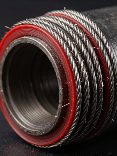 Extreme macro close-up of a high-pressure hydraulic hose cross-section, showing four layers of high-tensile steel spiral wire reinforcement, sharp red rim lighting on steel fibers, dark-field studio lighting.