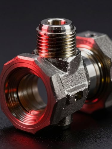 Extreme close-up of a heavy-duty hydraulic hose crimp fitting with sharp red rim lighting reflecting off steel threads, dark-field studio background