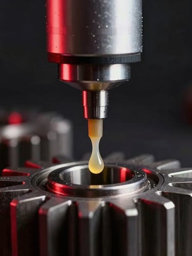Extreme close-up of a precision lubrication nozzle dispensing a metered drop of synthetic grease onto a steel gear, dramatic red rim lighting, dark-field studio shot