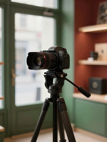 Behind-the-scenes shot of a professional camera on a compact tripod inside a cozy Scandinavian-style retail shop, soft side-lighting, matte forest green accents, 35mm