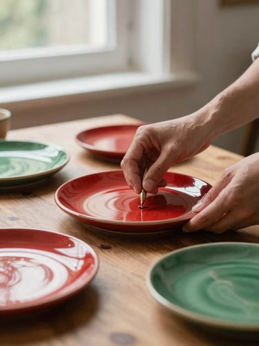Hands styling ceramic plates on a wooden table, soft natural window light, rich crimson tones, shallow depth of field, 35mm