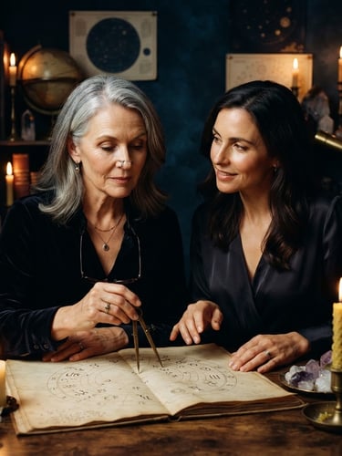 A close-up, high-end editorial portrait of two professional astrologers, low-key warm candlelight, deep midnight blue background, sophisticated and intellectual look, 35mm