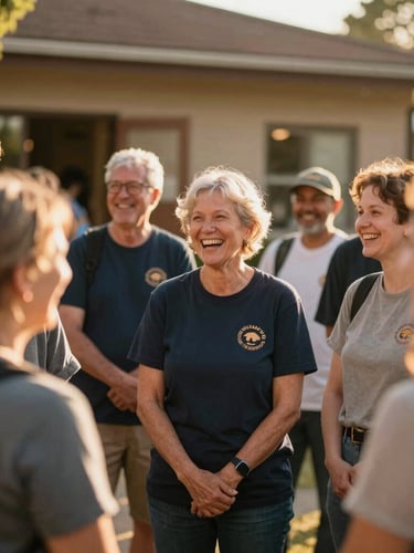 A group of local volunteers of various ages standing together outside a community center, laughing candidly in warm golden hour sunlight, shallow depth of field, 35mm warm editorial photography.