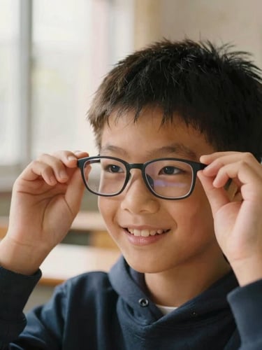 A candid close-up of a young student trying on a new pair of eyeglasses, smiling warmly under soft classroom window light, 35mm editorial photography.