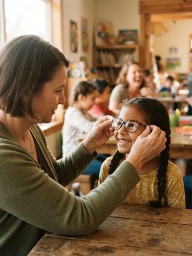 Hands of a volunteer carefully adjusting eyeglasses for a smiling child in a warm, sunlit community room, candid 35mm style