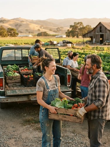 Candid documentary photo of warm golden-hour light over a California valley farm, local volunteers unloading crates of fresh food from a truck, 35mm editorial style