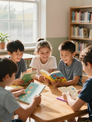 Candid shot of young elementary students laughing around a wooden table in a brightly lit school library, examining colorful new books together, soft natural window light.