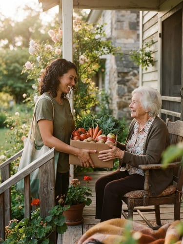 Candid warm editorial photo of a volunteer handing a box of fresh valley produce to an elderly neighbor on a sunny porch, 35mm