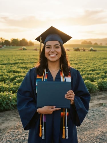 Candid documentary photograph of a local high school graduate smiling in warm golden-hour light, holding a diploma folder, agricultural fields stretching in the background, 35mm style.