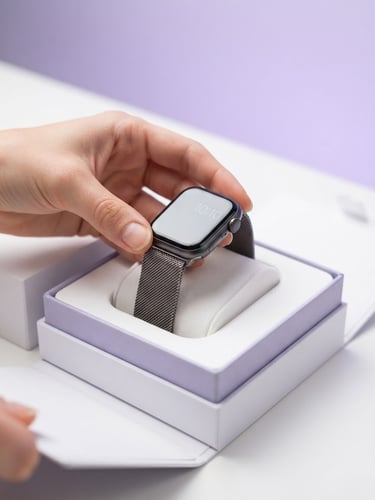 bright high-key product photography, clean purple and white studio background, crisp studio light, sharp focus, 50mm, a hand unboxing a premium smartwatch