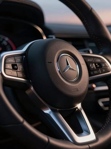 Close-up of a luxury steering wheel with metallic silver accents, low-key dramatic twilight lighting, sharp focus, 35mm
