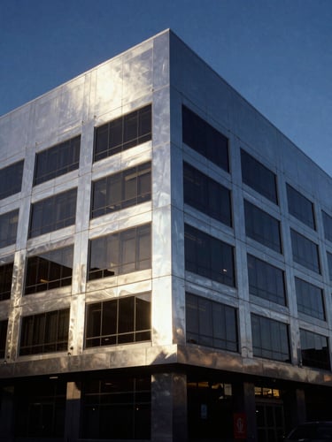 Low-key dramatic twilight shot of a modern architectural office building in downtown El Paso, sharp metallic reflections, cool silver highlights, 35mm