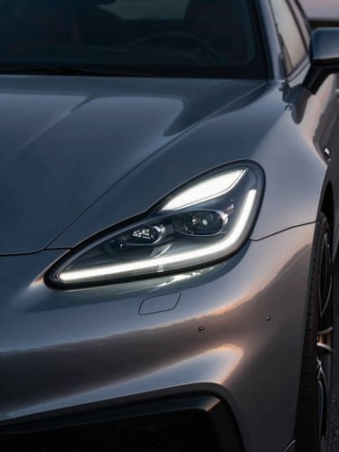 Low-key dramatic twilight shot of a luxury modern sports car headlight, sharp metallic silver reflections, deep shadows, 35mm automotive photography