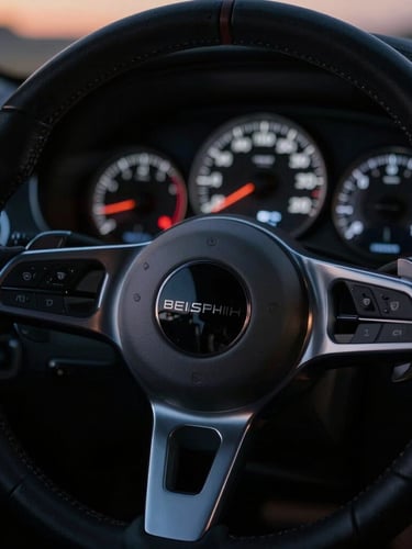 Macro close-up of a high-end steering wheel and dashboard with glowing silver dials, dramatic low-key twilight lighting, sharp focus