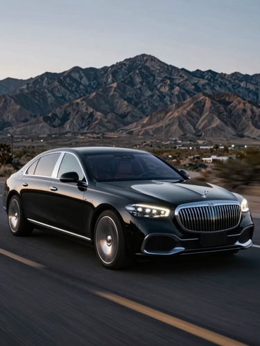Wide environmental shot of a high-end black luxury sedan driving on an open West Texas highway near the Franklin Mountains at dusk, cool silver highlights
