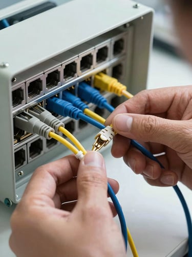 Extreme close-up of a technician's hands connecting fiber optic cables at a wall-mounted network junction box, bright daylight-balanced indoor lighting, tools and cable ends sharply in focus, professional work environment visible in the shallow background