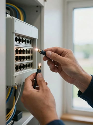 Extreme close-up of a technician's hands holding a fiber optic cable connector up to a wall-mounted distribution box inside a residential hallway, the cable end glinting under bright daylight from a nearby window, junction ports and cable labels visible in the background, sharp documentary framing with no staging