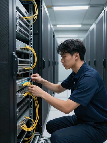 Wide environmental shot inside a commercial server room, a technician in a navy polo crouched at a rack cabinet connecting fiber patch cables, fluorescent overhead lighting casting crisp even light across rows of blinking network hardware, cable management trays visible in background, hands and tools in sharp foreground focus
