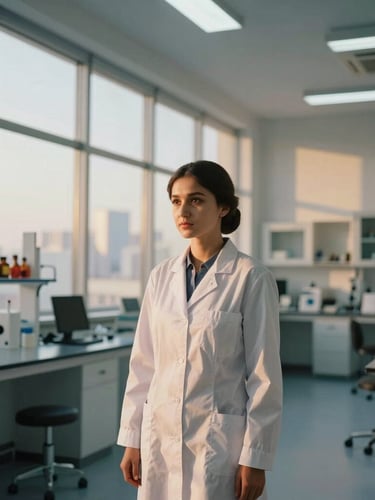 Wide-angle dramatic portrait of a young Bashkir female scientist in a modern Dubai laboratory, warm golden light filtering through high windows, clean minimalist background, cinematic depth.