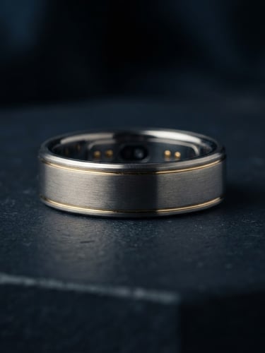 Sleek, brushed titanium smart ring on a dark, minimalist surface, sharp macro focus, moody studio lighting, subtle gold accents, 35mm