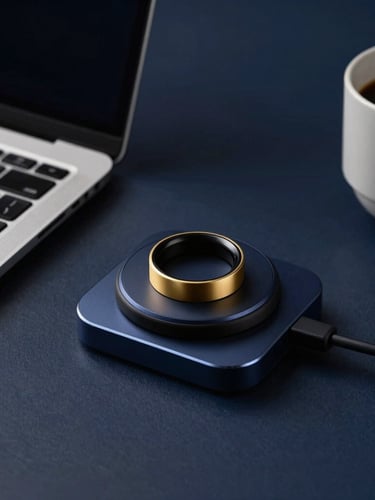 Sleek, minimalist workspace with a high-end laptop, a smart ring on a charging pad, and a single-origin coffee cup, moody studio lighting, sharp macro focus, deep navy and gold accents, 35mm