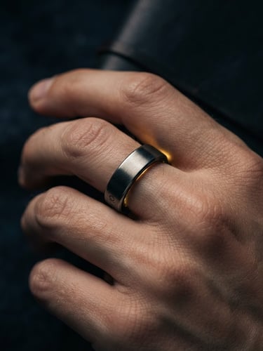 Sleek macro shot of a smart ring on a hand, subtle golden glow, low-key moody studio lighting, sharp focus on brushed titanium. Wide aspect ratio.