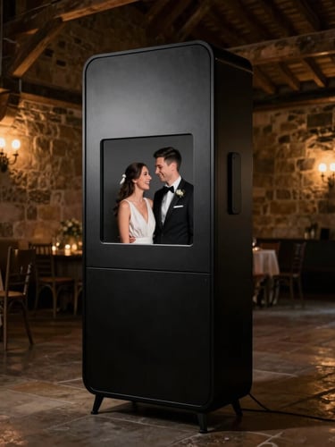 Sleek black minimalist photo booth standing in a dimly lit, historic stone-walled Yorkshire barn venue, warm ambient lighting, crisp studio flash illuminating a laughing couple in elegant evening wear, cinematic 35mm