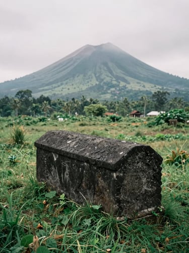 Moody overcast daylight highlighting a massive volcanic stone sarcophagus in a misty green highland field in Bondowoso, 35mm film style