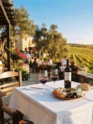 Sun-drenched outdoor tasting terrace at Fournarakis Winery, white linen tablecloths, wine glasses, and plates of Cretan delicacies, with ancient olive trees and vineyards in the background under a clear blue sky, warm golden hour light.