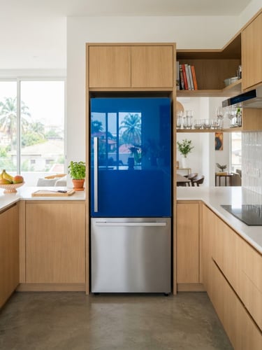 Straight-on shot of a modern electric blue and steel smart refrigerator integrated into a bright, contemporary Abidjan kitchen, soft daylight, 50mm lens