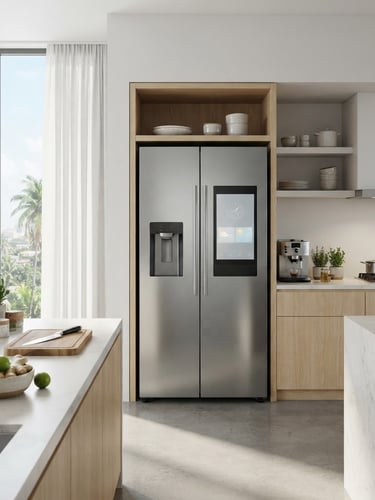 A premium double-door stainless steel smart refrigerator integrated into a bright, modern kitchen in Abidjan, soft daylight streaming through a large window, clean lines, 50mm lens.