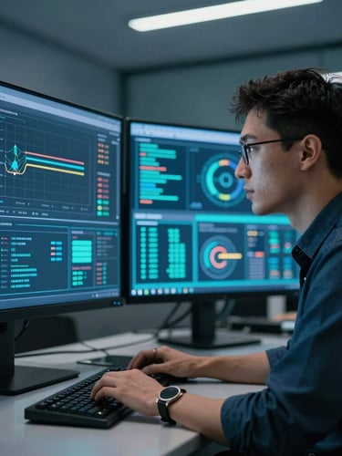 Medium shot of a digital strategist looking at high-tech data screens, cool corporate office lighting, deep blue and teal tones, sharp focus, 35mm