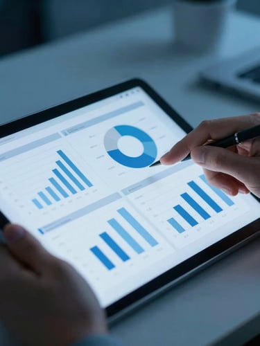 Close-up of a professional analyzing clean data charts on a tablet, cold blue studio lighting, sharp focus, modern corporate tech aesthetic