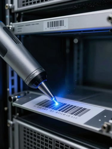 Macro shot of a clinical blue laser scanning a barcode on a decommissioned enterprise server rack in a secure facility.