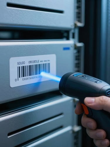 A close-up, clinical macro shot of a technician scanning a barcode on a retired enterprise server rack. Cool blue lighting, sharp technical focus on the barcode label and scanner beam.