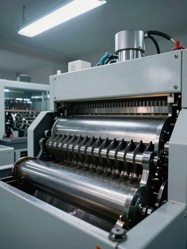 Wide angle clinical shot of an industrial-grade electronics shredding machine in operation, steel teeth visible, cool overhead fluorescent lighting.